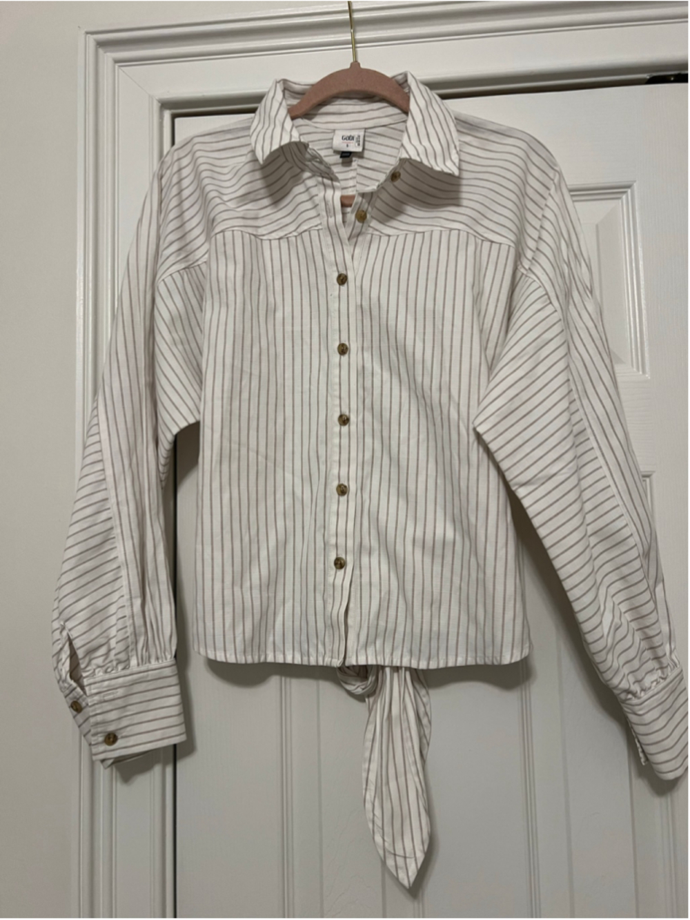 Women's Cabi Striped Button Down Tie Shirt, Size S, White and Khaki